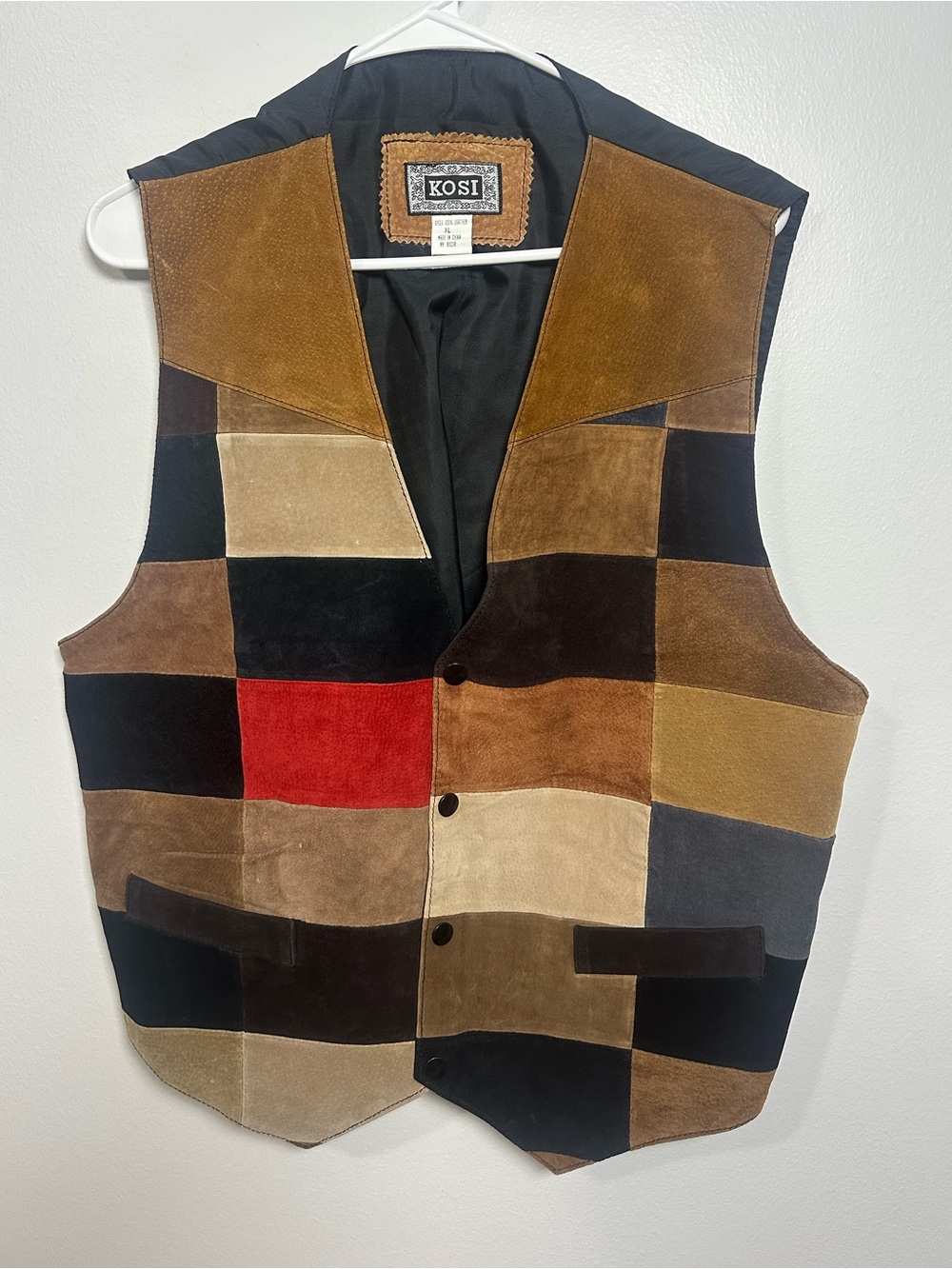 Vintage 70’s Kosi Patchwork Suede Vest in Multi Brown with Red Accent Size XL